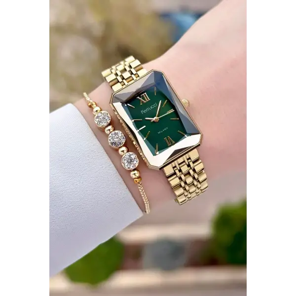 Ferrucci FCISTE319 Kadranı Yeşil Korodnu Gold Renk Kadın Kol Saati ve Bileklik