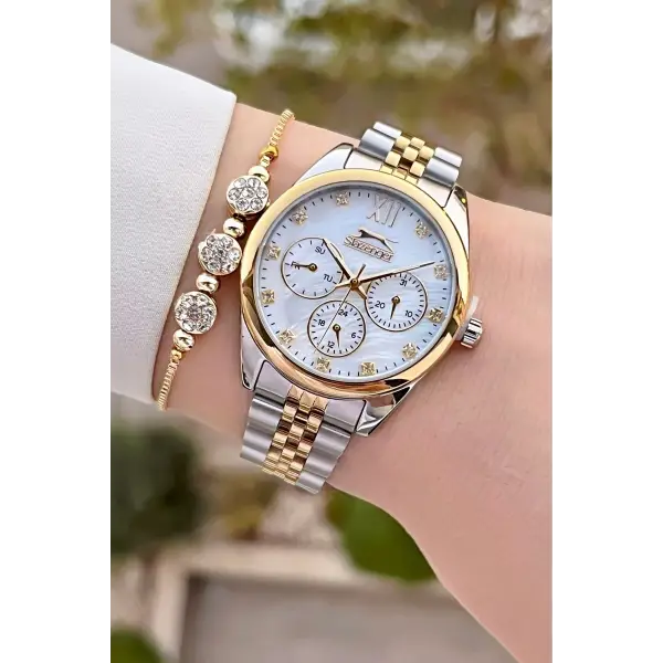 Slazenger SLISTE18 Gold Gümüş Renk 2 Yıl Garantili Kadın Kol Saati ve Bileklik
