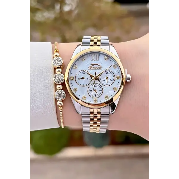 Slazenger SLISTE18 Gold Gümüş Renk 2 Yıl Garantili Kadın Kol Saati ve Bileklik