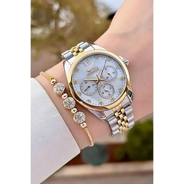 Slazenger SLISTE18 Gold Gümüş Renk 2 Yıl Garantili Kadın Kol Saati ve Bileklik