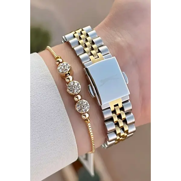 Slazenger SLISTE18 Gold Gümüş Renk 2 Yıl Garantili Kadın Kol Saati ve Bileklik