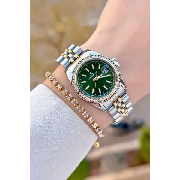 Daniel Klein DKISTE1499 Kadranı Yeşil Kordonu Gold Gümüş Renk Kadın Kol Saati ve Bileklik