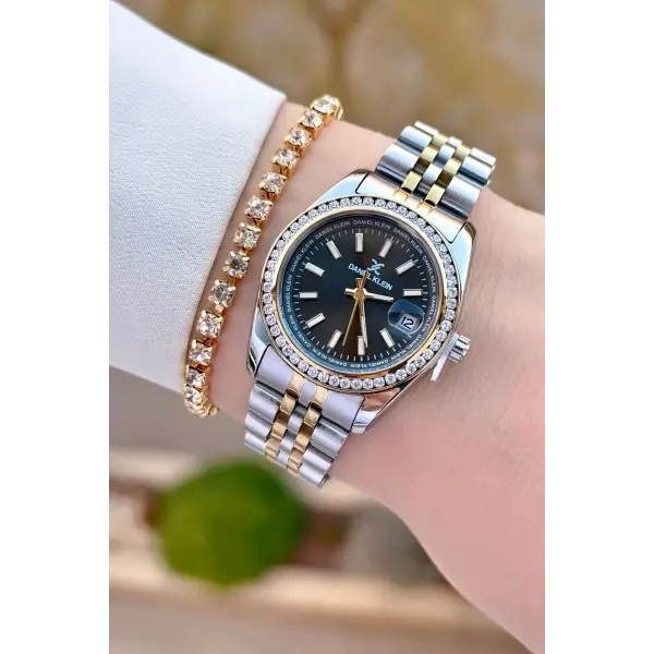 Daniel Klein DKISTE1500 Kadranı Siyah Kordonu Gold Gümüş Renk Kadın Kol Saati ve Bileklik