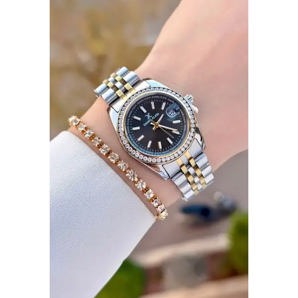 Daniel Klein DKISTE1500 Kadranı Siyah Kordonu Gold Gümüş Renk Kadın Kol Saati ve Bileklik