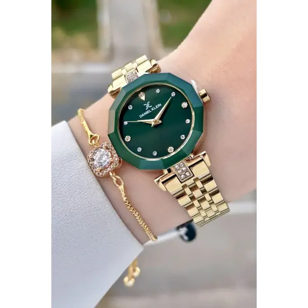 Kadranı Yeşil Kordonu Gold Renk Kadın Kol Saati ve Bileklik
