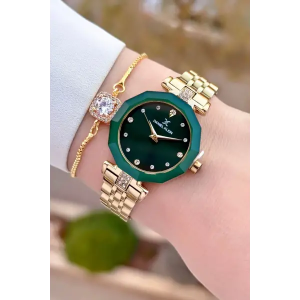 Kadranı Yeşil Kordonu Gold Renk Kadın Kol Saati ve Bileklik