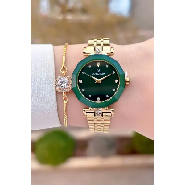 Kadranı Yeşil Kordonu Gold Renk Kadın Kol Saati ve Bileklik