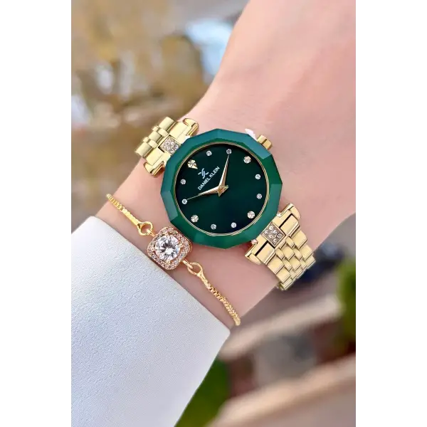 Kadranı Yeşil Kordonu Gold Renk Kadın Kol Saati ve Bileklik