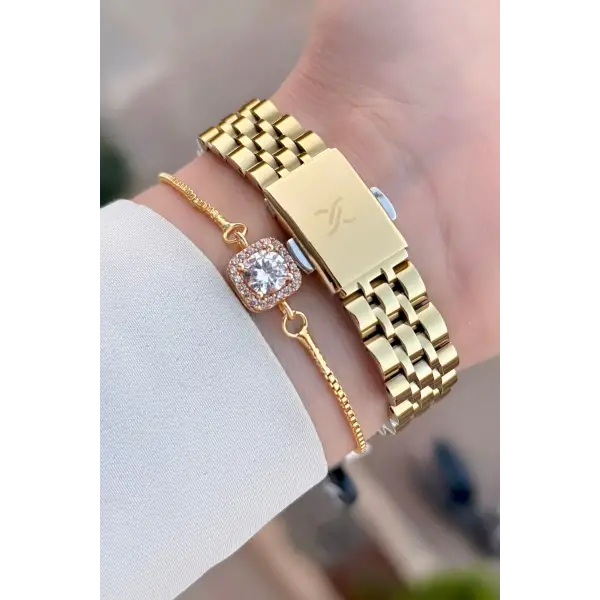 Kadranı Yeşil Kordonu Gold Renk Kadın Kol Saati ve Bileklik