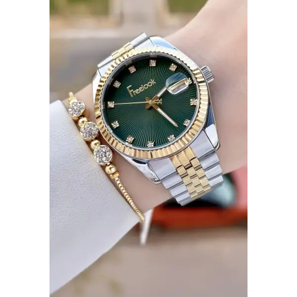 Kadranı Yeşil Kordonu Gold Gümüş Renk 5 ATM Kadın Kol Saati ve Bileklik