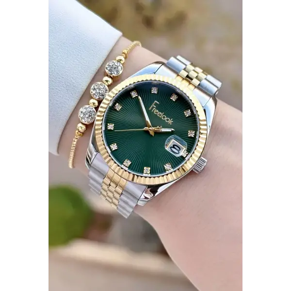 Kadranı Yeşil Kordonu Gold Gümüş Renk 5 ATM Kadın Kol Saati ve Bileklik