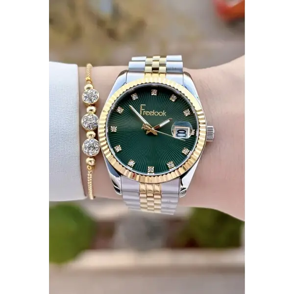 Kadranı Yeşil Kordonu Gold Gümüş Renk 5 ATM Kadın Kol Saati ve Bileklik