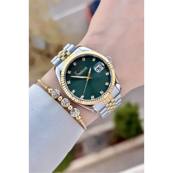 Kadranı Yeşil Kordonu Gold Gümüş Renk 5 ATM Kadın Kol Saati ve Bileklik