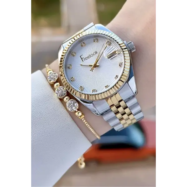 Gold Gümüş Renk 5 ATM Kadın Kol Saati ve Bileklik