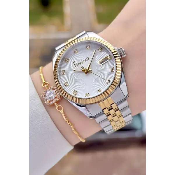 Freelook FLISTE42 Gold Gümüş Renk Kadın Kol Saati ve Bileklik