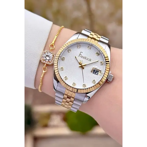 Freelook FLISTE42 Gold Gümüş Renk Kadın Kol Saati ve Bileklik