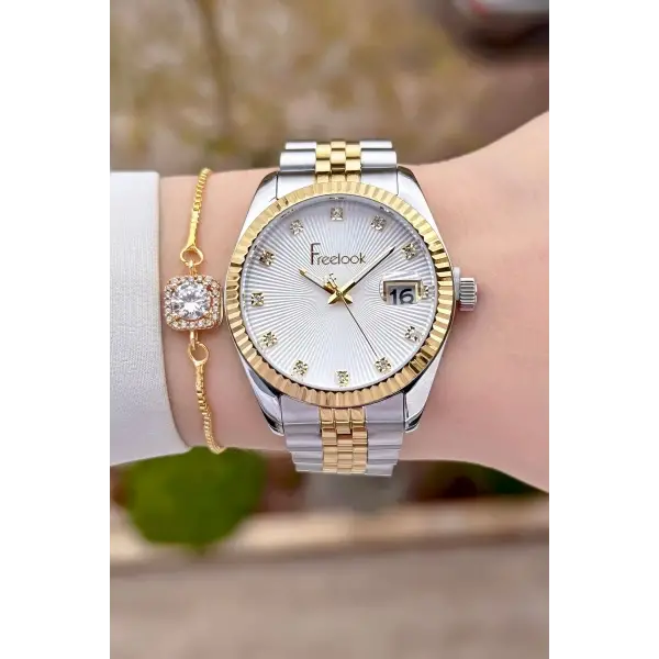 Freelook FLISTE42 Gold Gümüş Renk Kadın Kol Saati ve Bileklik