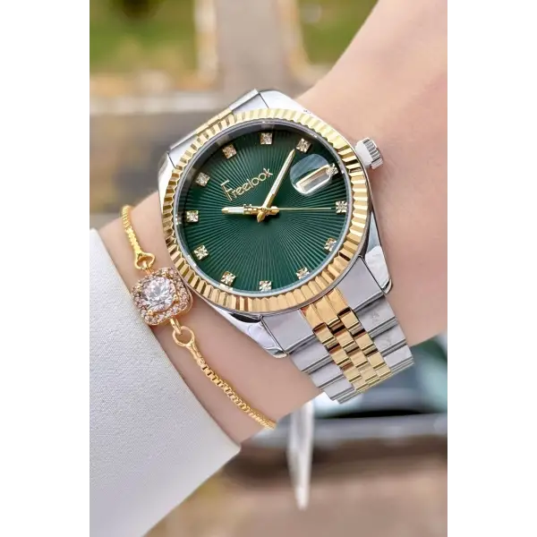 Freelook FLISTE44 Kadranı Yeşil Kordonu Gold Gümüş Renk Kadın Kol Saati ve Bileklik