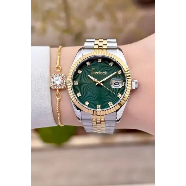 Freelook FLISTE44 Kadranı Yeşil Kordonu Gold Gümüş Renk Kadın Kol Saati ve Bileklik