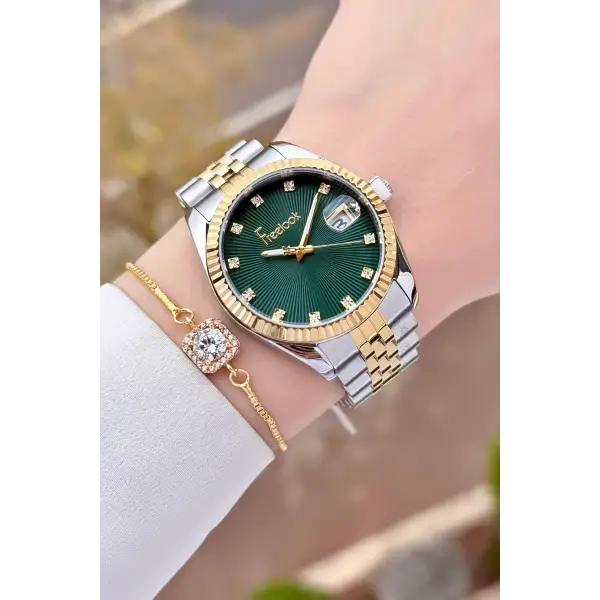 Freelook FLISTE44 Kadranı Yeşil Kordonu Gold Gümüş Renk Kadın Kol Saati ve Bileklik
