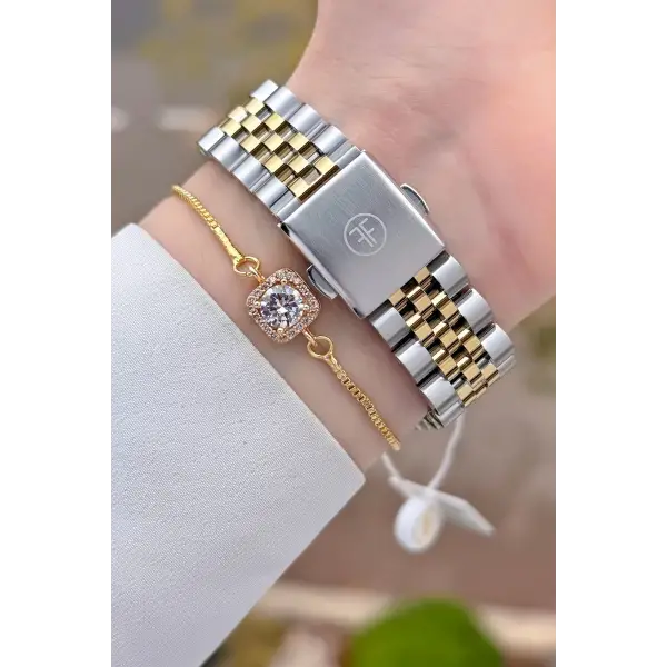 Freelook FLISTE44 Kadranı Yeşil Kordonu Gold Gümüş Renk Kadın Kol Saati ve Bileklik