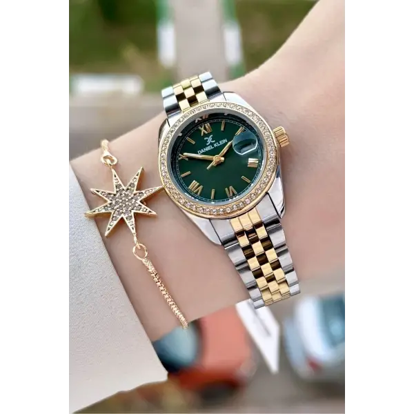 Daniel Klein DKISTE1541 Kadranı Yeşil Kordonu Gold Gümüş Renk 28 mm Kristal Cam Kadın Kol Saati ve Bileklik