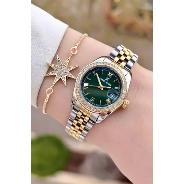 Daniel Klein DKISTE1541 Kadranı Yeşil Kordonu Gold Gümüş Renk 28 mm Kristal Cam Kadın Kol Saati ve Bileklik