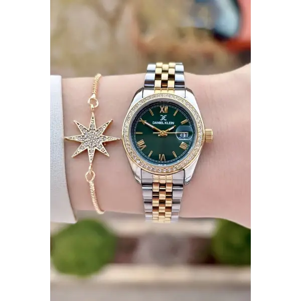 Daniel Klein DKISTE1541 Kadranı Yeşil Kordonu Gold Gümüş Renk 28 mm Kristal Cam Kadın Kol Saati ve Bileklik