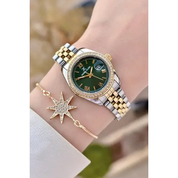 Daniel Klein DKISTE1541 Kadranı Yeşil Kordonu Gold Gümüş Renk 28 mm Kristal Cam Kadın Kol Saati ve Bileklik