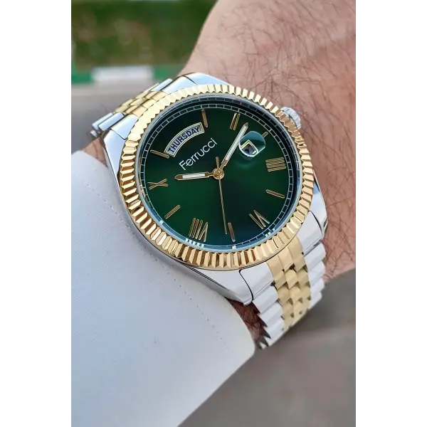 Ferrucci FCISTE322 Kadranı Yeşil Kordonu Gold Gümüş Renk 40 mm Erkek Kol Saati
