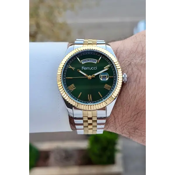 Ferrucci FCISTE322 Kadranı Yeşil Kordonu Gold Gümüş Renk 40 mm Erkek Kol Saati