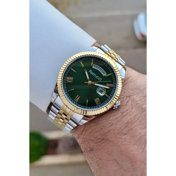 Ferrucci FCISTE322 Kadranı Yeşil Kordonu Gold Gümüş Renk 40 mm Erkek Kol Saati