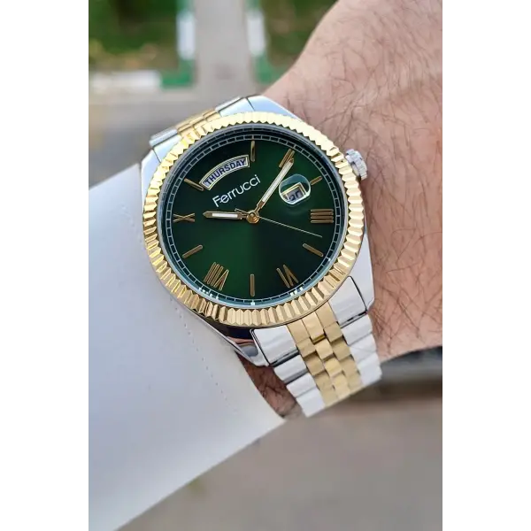 Ferrucci FCISTE322 Kadranı Yeşil Kordonu Gold Gümüş Renk 40 mm Erkek Kol Saati