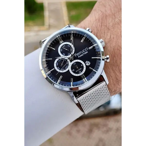 Ferrucci FCISTE325 Kadranı Siyah Kordonu Gümüş Renk 44 mm Erkek Kol Saati