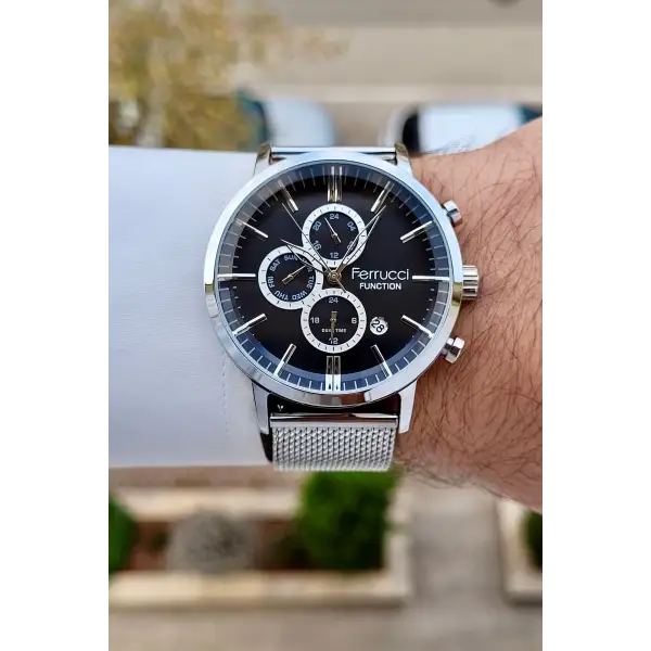 Ferrucci FCISTE325 Kadranı Siyah Kordonu Gümüş Renk 44 mm Erkek Kol Saati