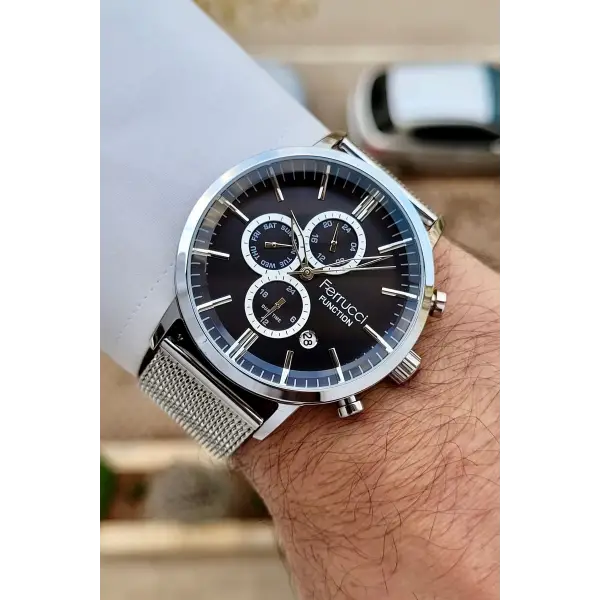 Ferrucci FCISTE325 Kadranı Siyah Kordonu Gümüş Renk 44 mm Erkek Kol Saati