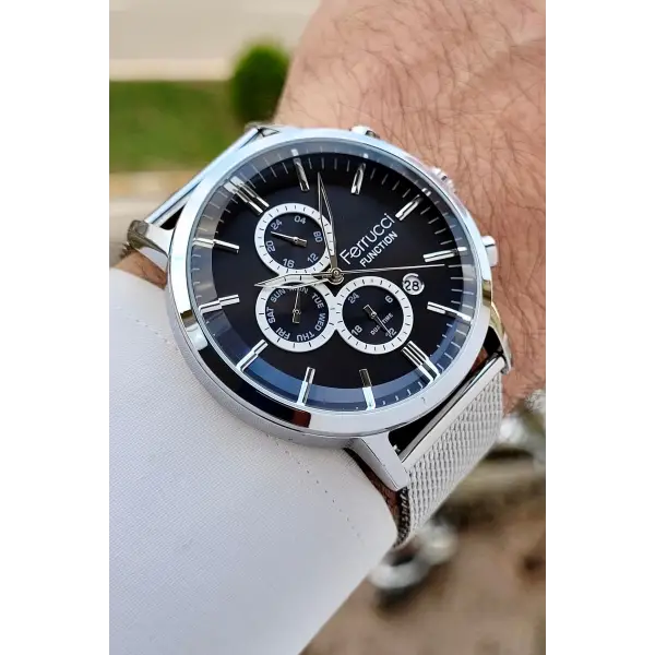 Ferrucci FCISTE325 Kadranı Siyah Kordonu Gümüş Renk 44 mm Erkek Kol Saati
