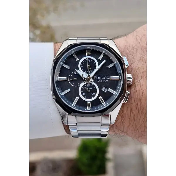 Ferrucci FCISTE323 Kadranı Siyah Kordonu Gümüş Renk Erkek Kol Saati