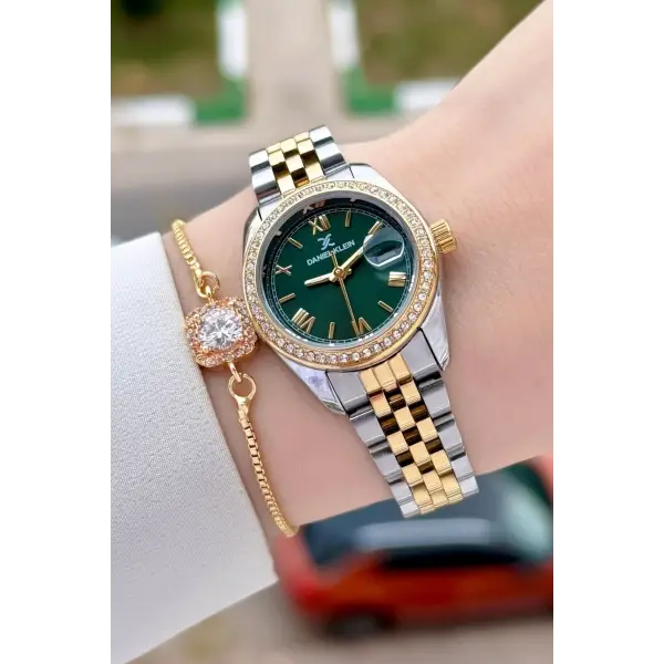Kadranı Yeşil Kordonu Gold Gümüş Renk 28 mm Kristal Cam Kadın Kol Saati ve Bileklik