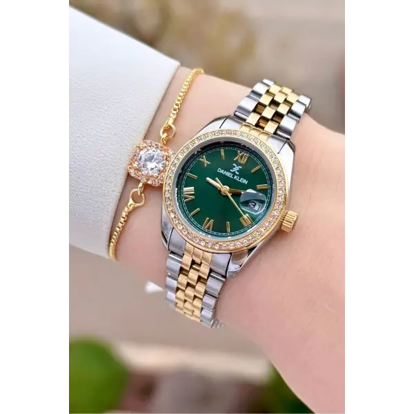 Kadranı Yeşil Kordonu Gold Gümüş Renk 28 mm Kristal Cam Kadın Kol Saati ve Bileklik