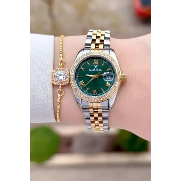 Kadranı Yeşil Kordonu Gold Gümüş Renk 28 mm Kristal Cam Kadın Kol Saati ve Bileklik