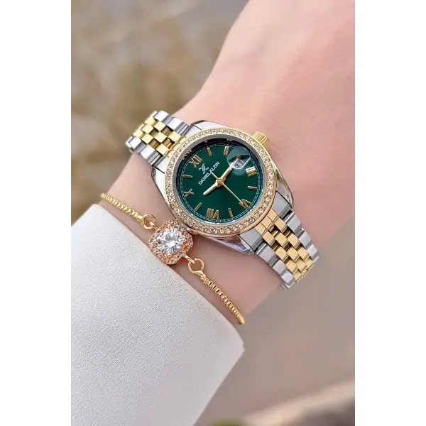 Kadranı Yeşil Kordonu Gold Gümüş Renk 28 mm Kristal Cam Kadın Kol Saati ve Bileklik