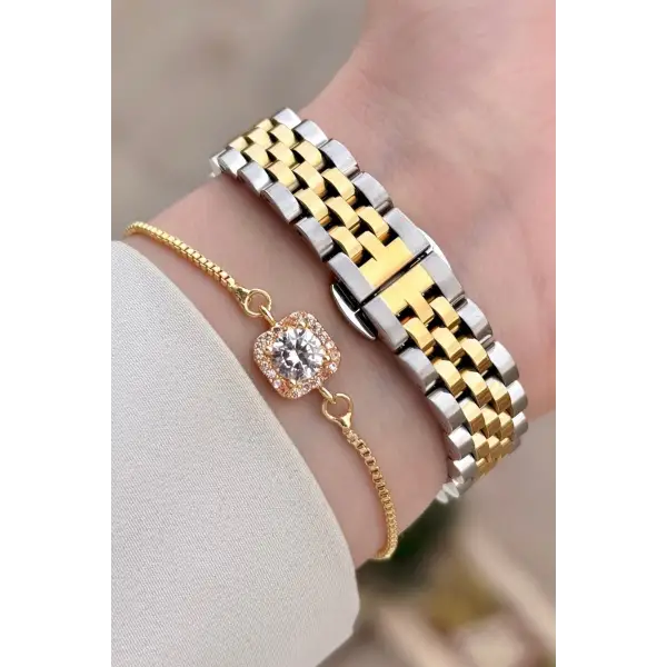 Kadranı Yeşil Kordonu Gold Gümüş Renk 28 mm Kristal Cam Kadın Kol Saati ve Bileklik