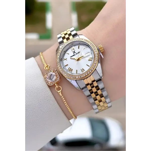 Daniel Klein DKISTE1540 Gold Gümüş Renk 28 mm Kristal Cam Kadın Kol Saati ve Bileklik