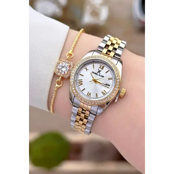 Daniel Klein DKISTE1540 Gold Gümüş Renk 28 mm Kristal Cam Kadın Kol Saati ve Bileklik