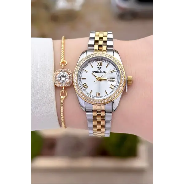Daniel Klein DKISTE1540 Gold Gümüş Renk 28 mm Kristal Cam Kadın Kol Saati ve Bileklik