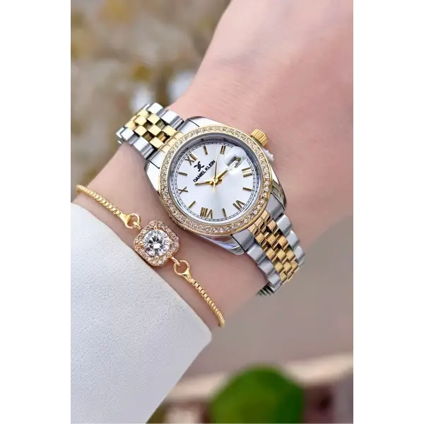 Daniel Klein DKISTE1540 Gold Gümüş Renk 28 mm Kristal Cam Kadın Kol Saati ve Bileklik