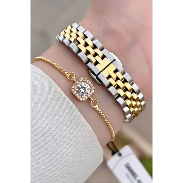 Daniel Klein DKISTE1540 Gold Gümüş Renk 28 mm Kristal Cam Kadın Kol Saati ve Bileklik
