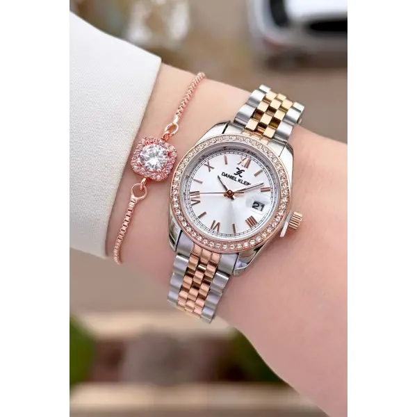 Daniel Klein DKISTE1542 Rose Gümüş Renk 28 mm Kristal Cam Kadın Kol Saati ve Bileklik