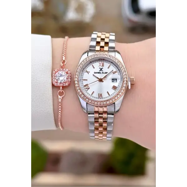Daniel Klein DKISTE1542 Rose Gümüş Renk 28 mm Kristal Cam Kadın Kol Saati ve Bileklik